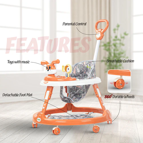 2 in 1 Bunny Pro Baby Walker for Kids with Push Handle, Kids Walker with 2 Adjustable Height, Mat & Musical Toy Bar Activity Walker for Baby Push Walker Baby 6-18 Months Boys Girls