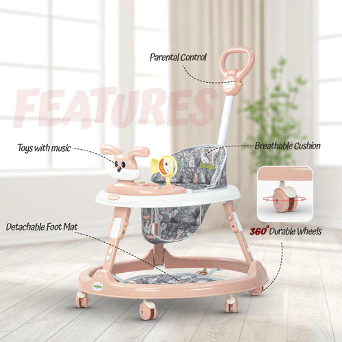 2 in 1 Bunny Pro Baby Walker for Kids with Push Handle, Kids Walker with 2 Adjustable Height, Mat & Musical Toy Bar  Activity Walker for Baby  Push Walker Baby 6-18 Months Boys Girls