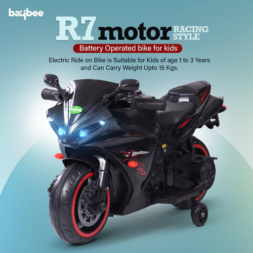 R7 Rechargeable Battery Operated Bike for Kids, Baby Ride a Toy Kids Bike with Foot Accelerator, Music & LED Light, Electric Racing Baby Bike for Kids to Drive 1 to 3 Years