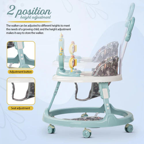 2 in 1 Minto Baby Walker for Kids with Push Handle, 2 Height Adjustable, Footmat & Musical Toy Bar