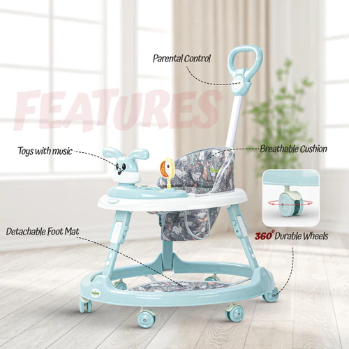 2 in 1 Bunny Pro Baby Walker for Kids with Push Handle, Kids Walker with 2 Adjustable Height, Mat & Musical Toy Bar  Activity Walker for Baby  Push Walker Baby 6-18 Months Boys Girls