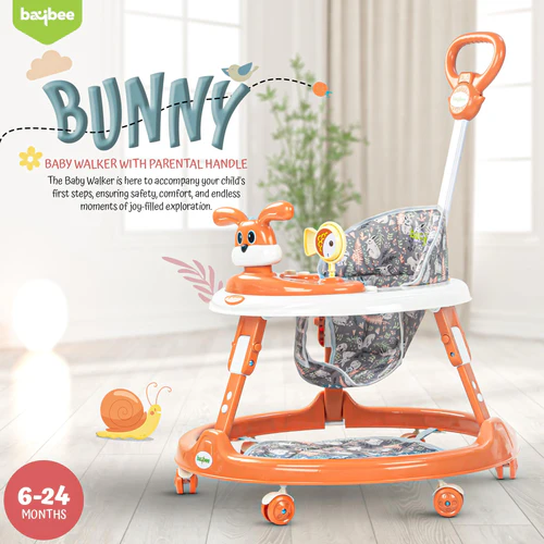 2 in 1 Bunny Pro Baby Walker for Kids with Push Handle, Kids Walker with 2 Adjustable Height, Mat & Musical Toy Bar  Activity Walker for Baby  Push Walker Baby 6-18 Months Boys Girls