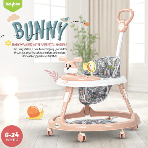 2 in 1 Bunny Pro Baby Walker for Kids with Push Handle, Kids Walker with 2 Adjustable Height, Mat & Musical Toy Bar  Activity Walker for Baby  Push Walker Baby 6-18 Months Boys Girls