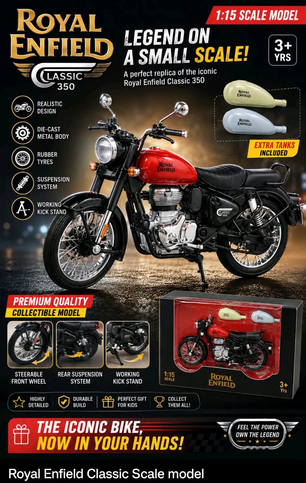 Royal Enfield Classic 350 Toy Bike | 1:15 Scale Die Cast Model Motorcycle with Pull Back Action | Dual & Single Seat Mode | Interchangeable Tank Colors | Miniature Bike Toy